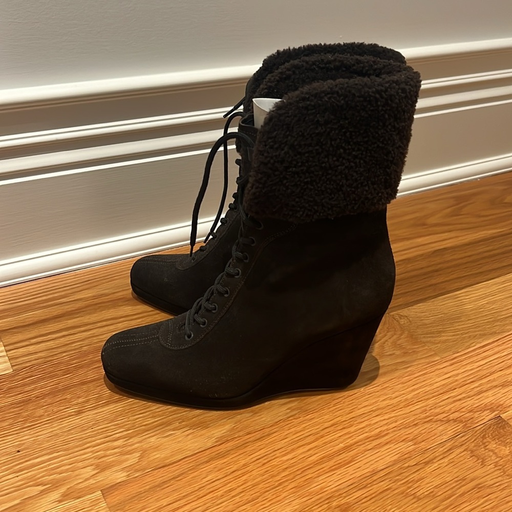 Prada women’s wedged boots brown suede with Sherling size 39 and 1/2 - Picture 5 of 8